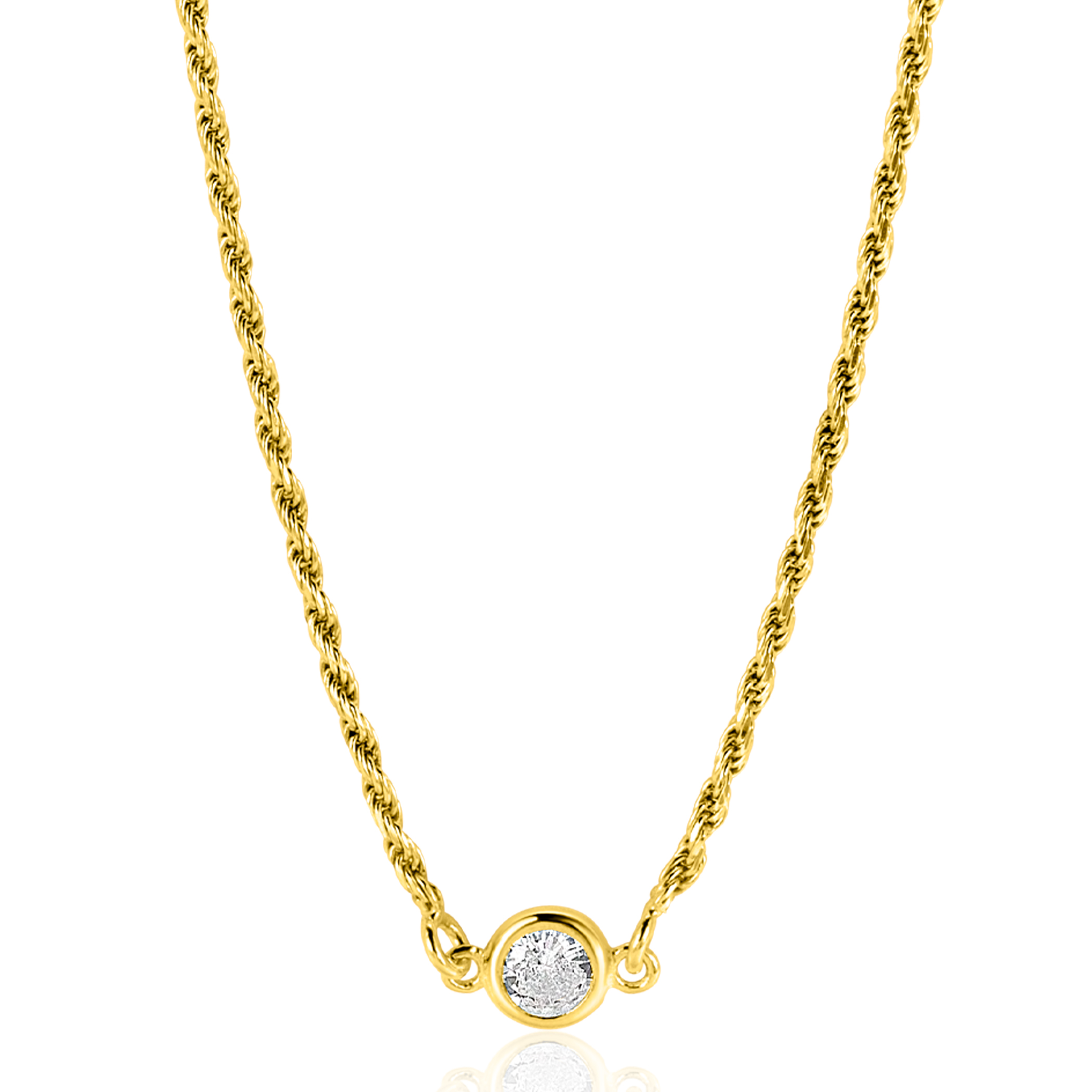 ZINZI Gold Plated Sterling Silver Rope Chain Necklace Set with a Round White Zirconia 40-45cm ZIC2461Y