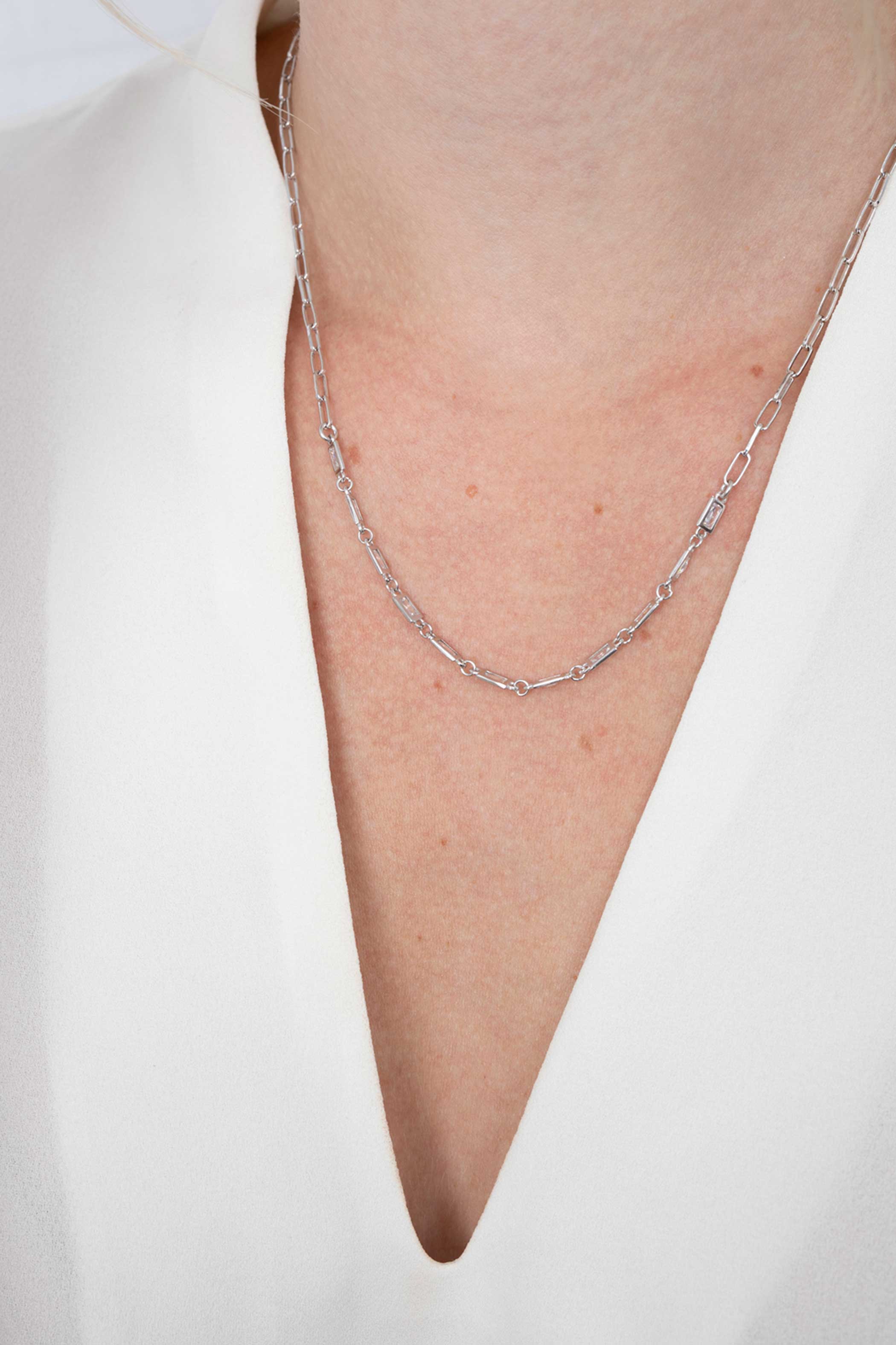 ZINZI Sterling Silver Necklace with Paperclip Chains and Rectangular Baguette White Zirconias 45cm ZIC1993
