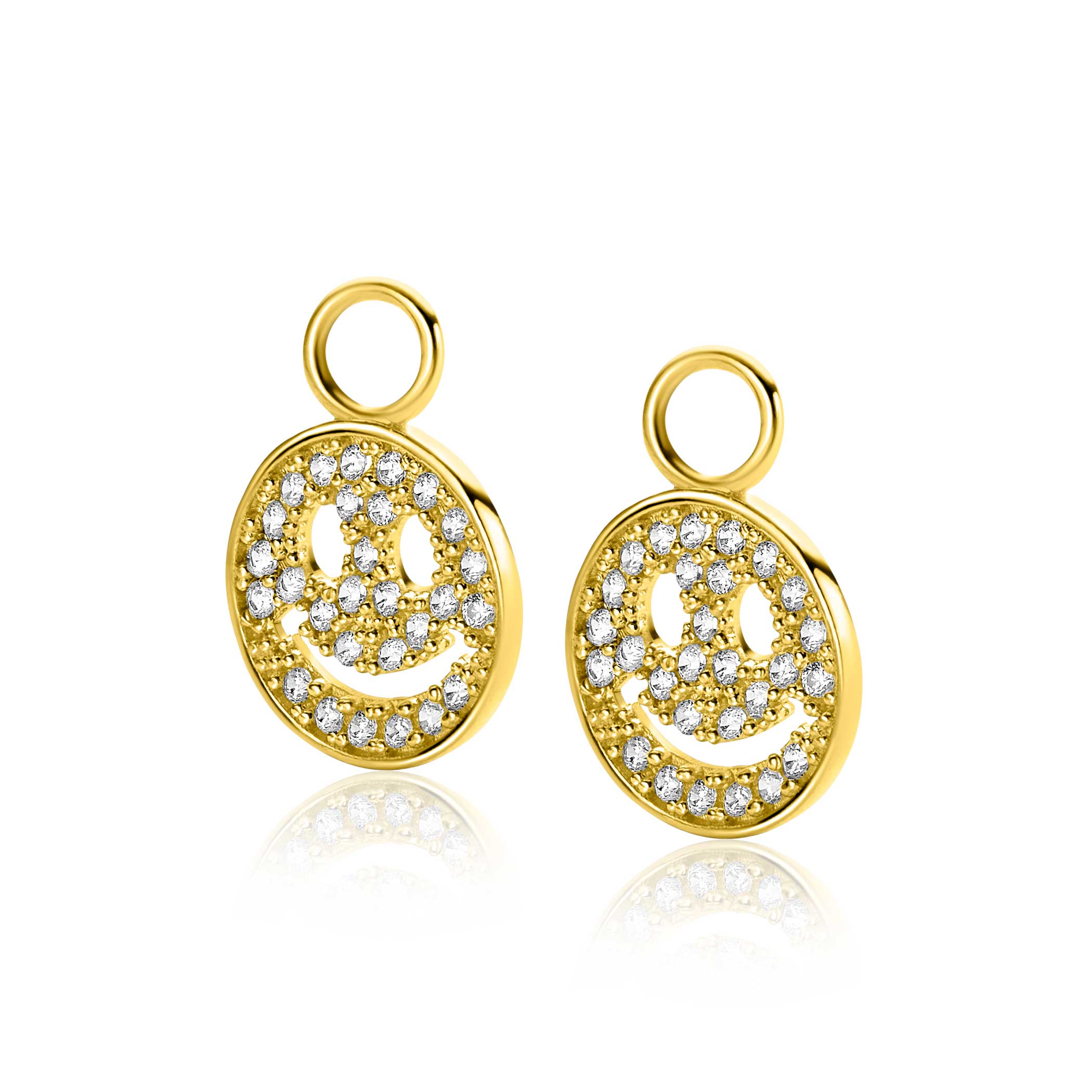 13mm ZINZI Gold Plated Sterling Silver Earrings Pendants Round Smiley Set with White Zirconias ZICH2313Y (excl. hoop earrings)