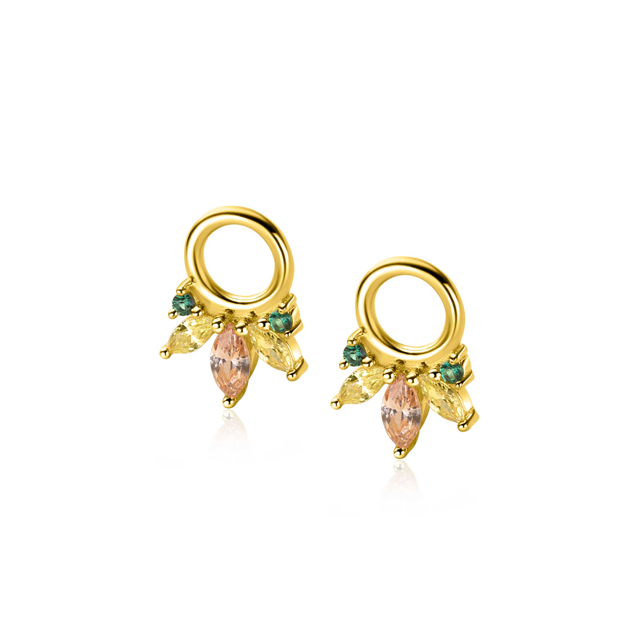 10mm ZINZI gold plated silver charm earrings with five playful settings in descending size, set with champagne, peridot and dark green gemstones ZICH2633GC (without hoops earrings)