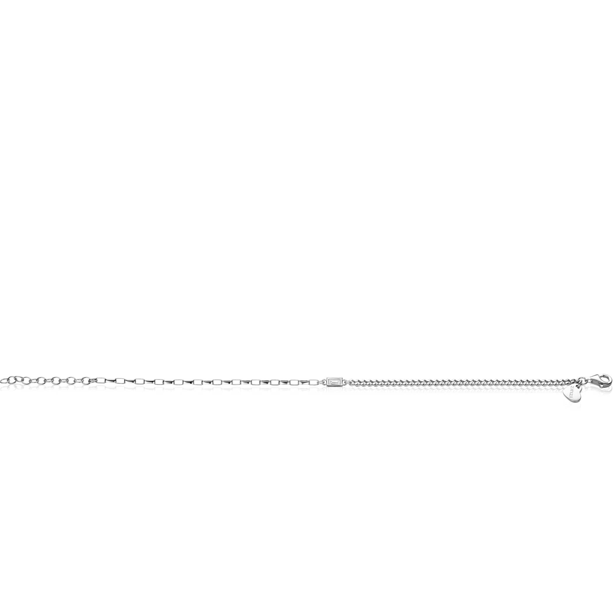 ZINZI Sterling Silver Chain Bracelet Curb and Square Chain with Rectangular Setting with White Zirconia 16,5-19,5cm ZIA2519