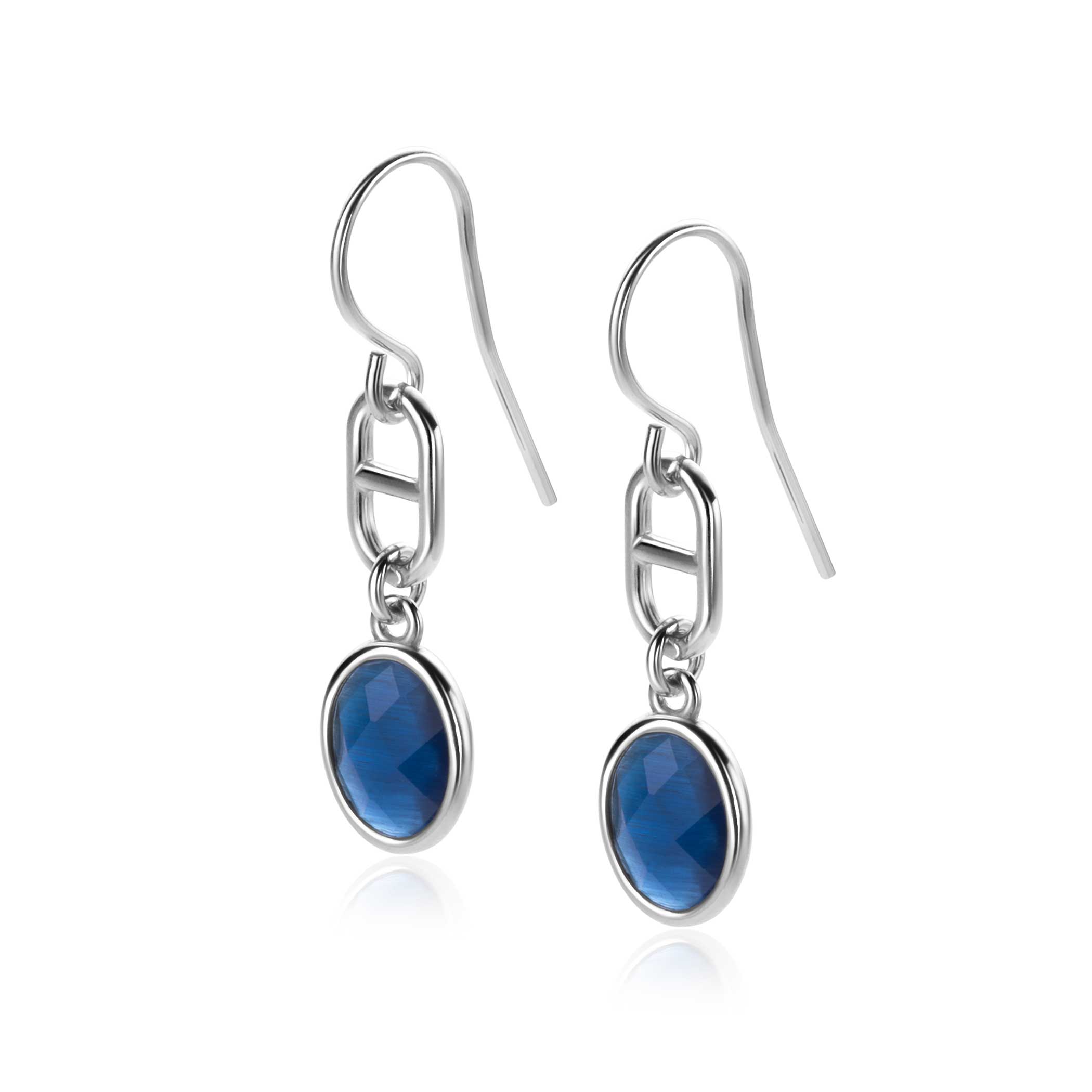 36mm ZINZI Sterling Silver Drop Earrings with Popular Marine Chain and Oval Blue Color Stone ZIO-BF90