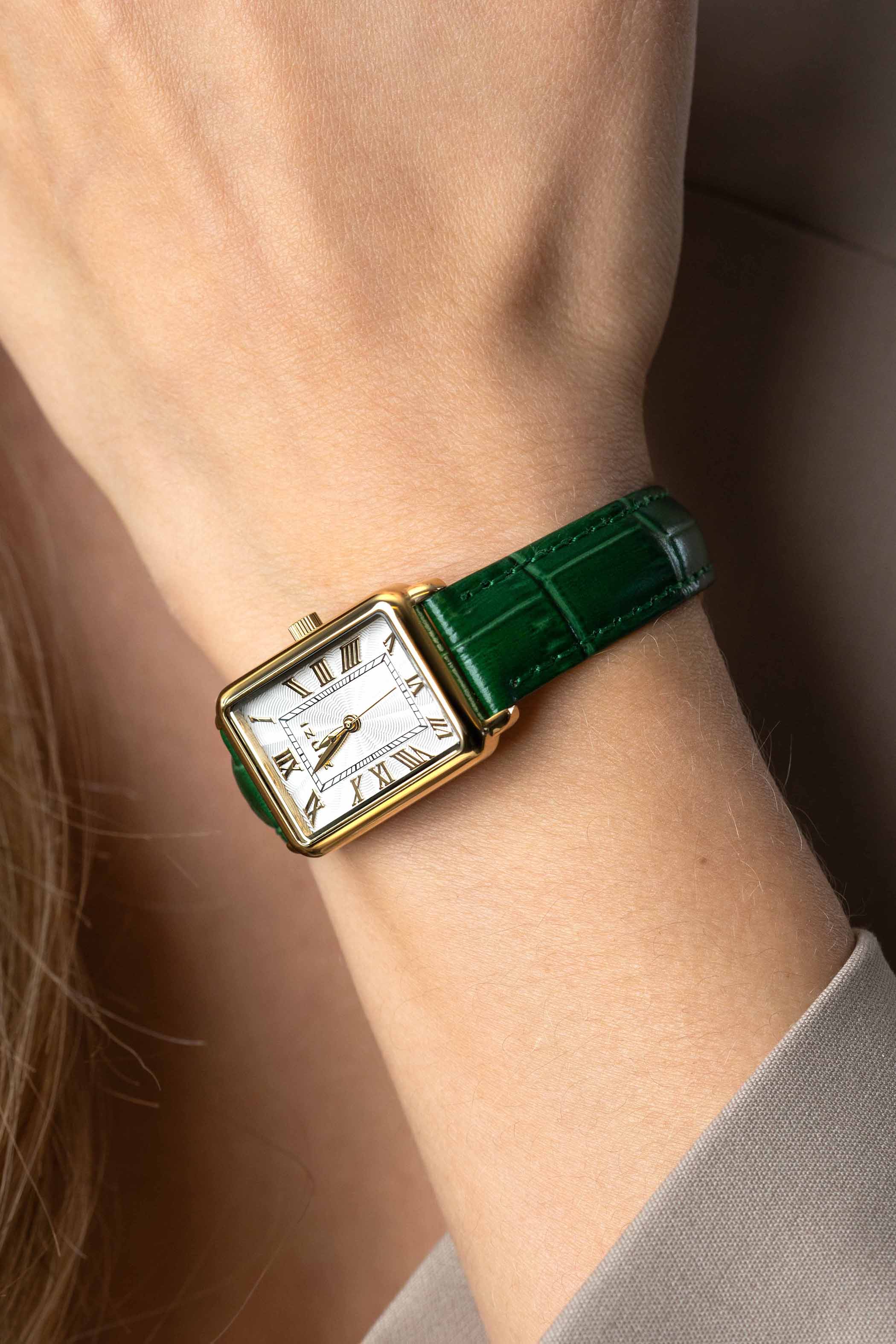 ZINZI Elegance bicolor Watch White Dial and Rectangular Gold Colored  Case and Green Leather Strap 28mm  ZIW1907G