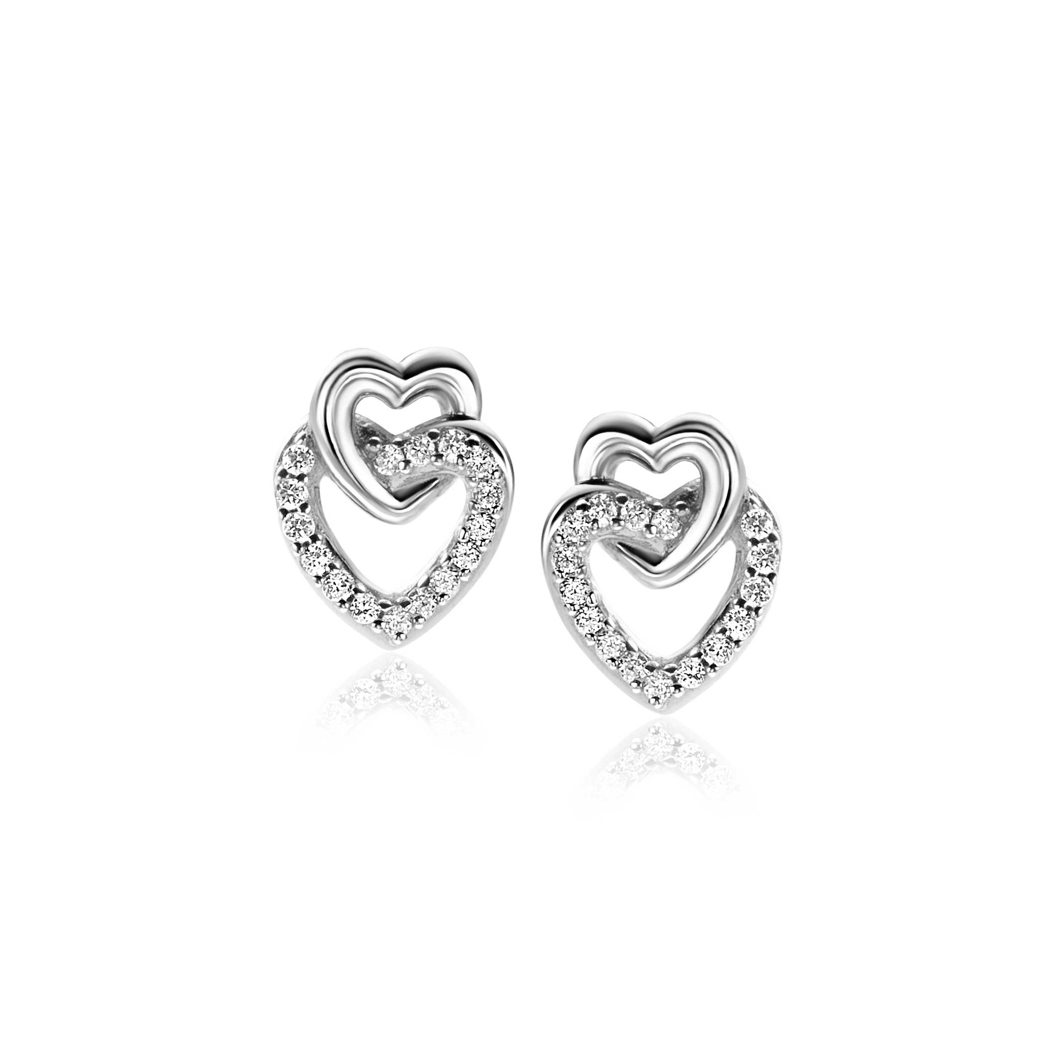 10mm ZINZI Sterling Silver Stud Earrings 2 Connected Open Hearts White Zirconias ZIO2493