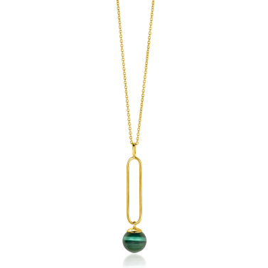 ZINZI Gold Plated Sterling Silver Necklace with Oval Pendant and Dangling Bead in Green Cat's Eye 40-45cm ZIC2420