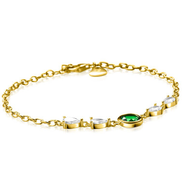 ZINZI Gold Plated Sterling Silver Bracelet Set with a Single Round Green Color Stone and 4 Pear-shaped White Zirconias 17-20cm ZIA-BF69G