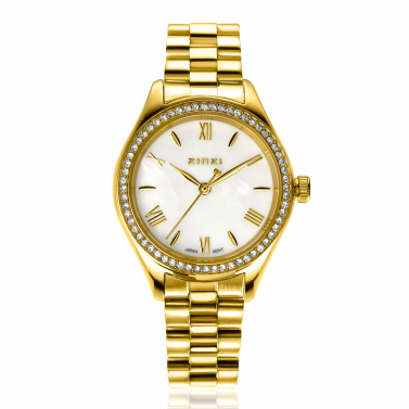 ZINZI Tresor watch 32mm set with white zirconia stones, mother-of-pearl dial, and gold-colored stainless steel case and link bracelet ZIW2434
