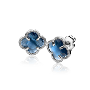 9mm ZINZI silver stud earrings in clover shape with dark blue cubic zirconia ZIO2663DB