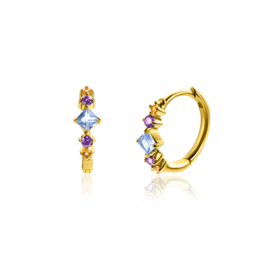 15mm ZINZI Gold Plated Sterling Silver Hoop Earrings with Blue, Purple and Champagne Color Stones in Diamond Shape 15x2mm ZIO2443