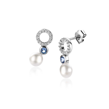 15mm ZINZI Sterling Silver Stud Earrings with White Pearl, Round Light Blue Color Stone and Open Circle White Zirconias ZIO2442