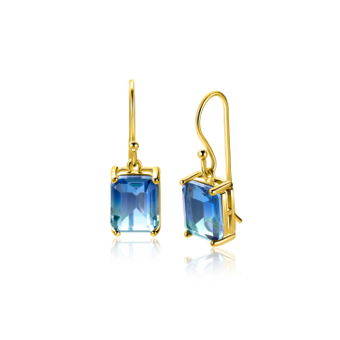 25mm ZINZI gold plated silver earrings with indigo blue stone in four-prong setting ZIO2578
