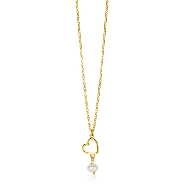 ZINZI gold plated silver necklace with open heart and dangling white freshwater pearl 40-45cm ZIC2642