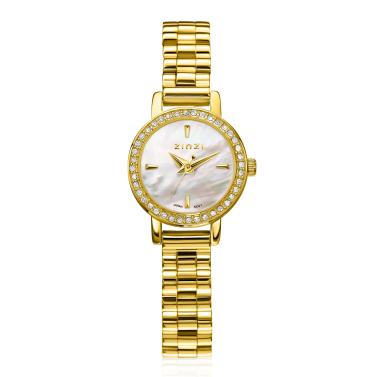 ZINZI Etoile Watch 20mm White Mother-of-Pearl Dial Gold Colored Stainless Steel Case set with white zirconia and Gold Colored Strap ZIW3234