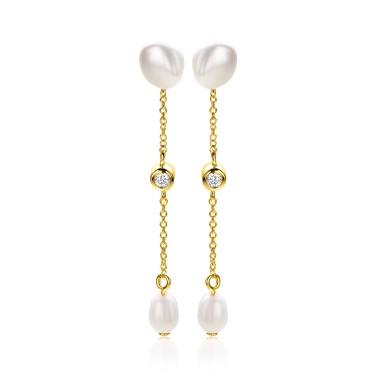40mm ZINZI gold plated silver stud earrings with chain and oval white freshwater pearls ZIO2657