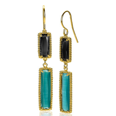 57mm ZINZI Gold Plated Sterling Silver Drop Earrings with Rectangular Settings Green and Black ZIO2112