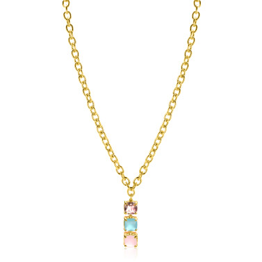 ZINZI Gold Plated Sterling Silver Chain Necklace with Luxurious Pendant (30mm) of 3 Square Settings Set with Pink and Turquoise Color Stones 43-45cm ZIC2454