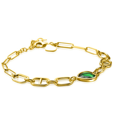 ZINZI Gold Plated Sterling Silver Bracelet Trendy Oval en Marine Chains with Big Heart Set with Green Color Stone 16,5-19,5cm ZIA-BF68