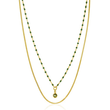 ZINZI Gold Plated Sterling Silver Multi-look Necklace Curb and Green Bead Chain with Round Setting with Olive Green Color Stone 42-45cm ZIC2528G