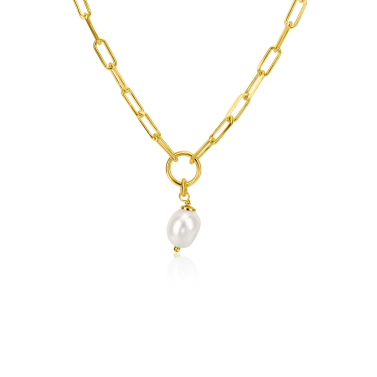 ZINZI gold-plated silver paperclip link necklace with open circle and white freshwater pearl, 42-45cm, ZIC-BF100