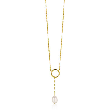 ZINZI gold plated silver Y-necklace with open circle and dangling white freshwater pearl in organic shape 42-45cm ZIC2615