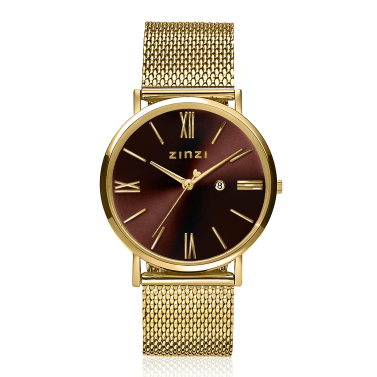 ZINZI Roman Watch 34mm Brown Dial Gold Colored Stainless Steel Case and Mesh Strap  ZIW536M