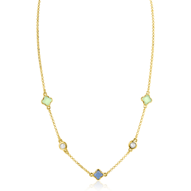 ZINZI zlv. collier gg.verg. klavers blauw/groen/zirc