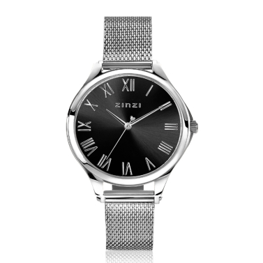 ZINZI Watch JULIA 34mm Black Dial Roman Figures Stainless Steel Case and Mesh Strap ZIW1101M