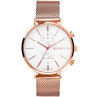 ZINZI Traveller Watch 39mm White Dial Rose Gold Colored Stainless Steel Case and Mesh Strap with dual time ZIW708M