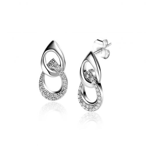 20mm ZINZI silver ear studs with two open pear-shaped links and set with white zirconias by Dutch Designer Mart Visser MVO24