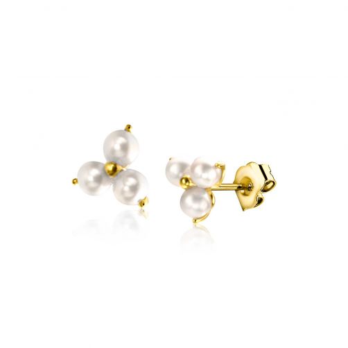5mm ZINZI 14K Gold Stud Earrings Triangle 3 White Pearls ZGO417