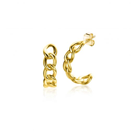 12mm ZINZI 14K Gold Stud Earrings Half Hoop Curb Chains 3mm width ZGO375