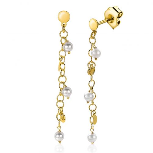 50mm ZINZI Gold Plated Sterling Silver Drop Earrings Smooth Coins and White Pearls ZIO2186G