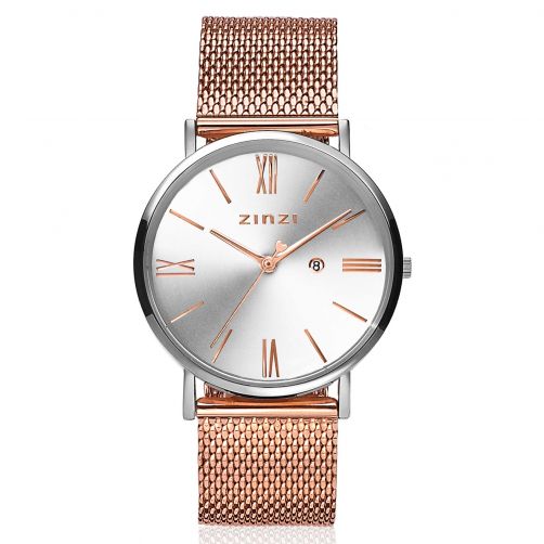 ZINZI Roman Watch 34mm Silver and Rose Gold Colored Dial Stainless Steel Case and Rose Gold Colored Mesh Strap  ZIW512MR