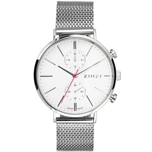 ZINZI Traveller horloge witte wijzerplaat en kast stalen mesh band 39mm dual time ZIW706M