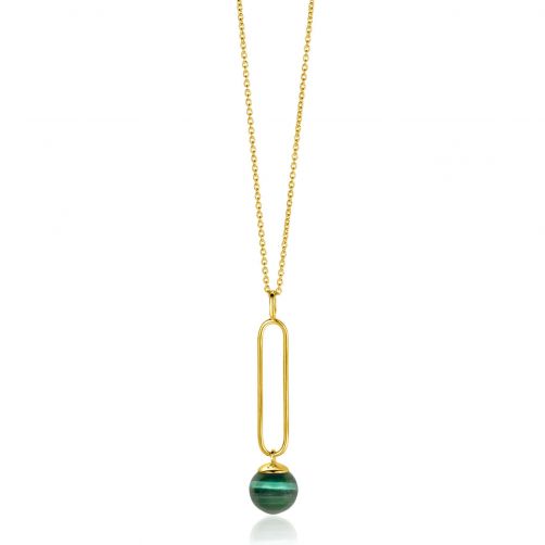 ZINZI Gold Plated Sterling Silver Necklace with Oval Pendant and Dangling Bead in Green Cat's Eye 40-45cm ZIC2420