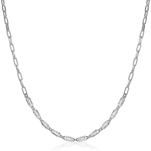 ZINZI Sterling Silver Necklace with Paperclip Chains and Rectangular Baguette White Zirconias 45cm ZIC1993