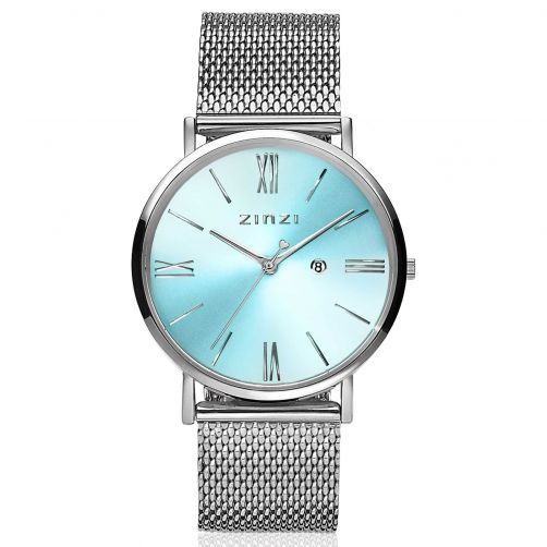 ZINZI Roman Watch Ice Blue Dial Silver Colored Stainless Steel Case and Mesh Strap 34mm ZIW545M