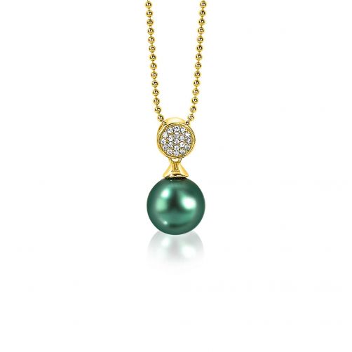ZINZI zilveren parelhanger geelverguld 18mm witte zirconia's groene parel ZIH1151GG