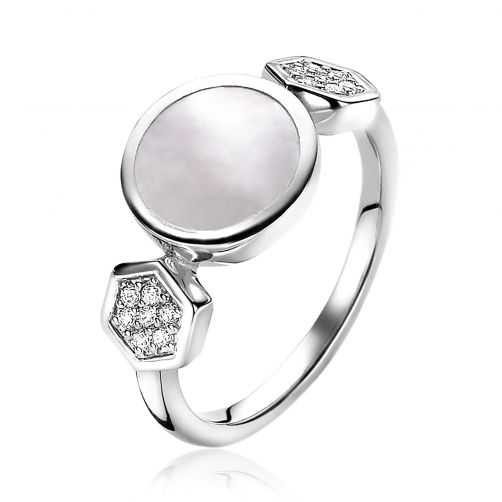ZINZI zilveren ring rond parelmoer zeshoek wit ZIR2011