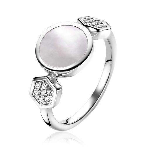 ZINZI Sterling Silver Ring Round Mother-of-Pearl and White Hexagon ZIR2011