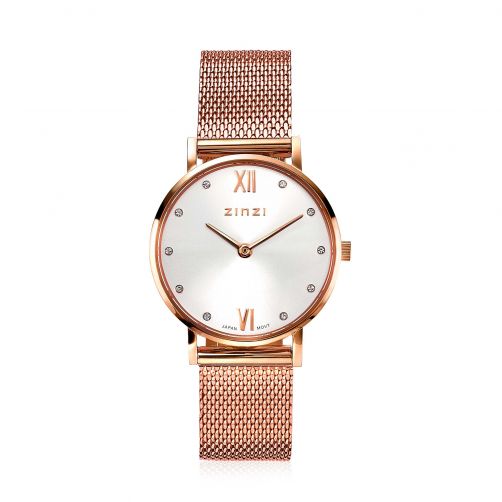 ZINZI Lady Crystal horloge zilvergekleurde wijzerplaat en roségoudkleurige kast stalen mesh band, witte crystals bij uuraanduiding, 28mm extra dun ZIW631M