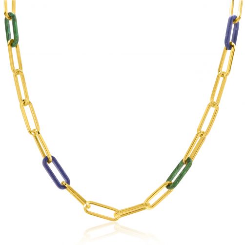 ZINZI Gold Plated Sterling Silver Papeclip Chain Necklace with Trendy Chains in Lapis Blue and Malachite Green 45cm ZIC2455