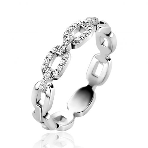 ZINZI Sterling Silver Chain Ring with Trendy Oval Chains White Zirconias 4mm width ZIR2552