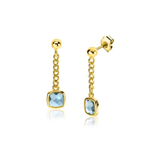 25mm ZINZI Gold Plated Sterling Silver Stud Earrings with Curb Chain and Square Setting with Indigo Blue Color Stone ZIO2417G