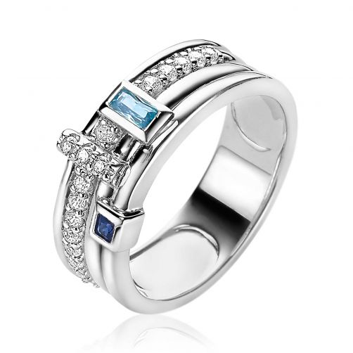 ZINZI zilveren multi-look ring 8 mm breed wit, blauw, turquoise ZIR2012B