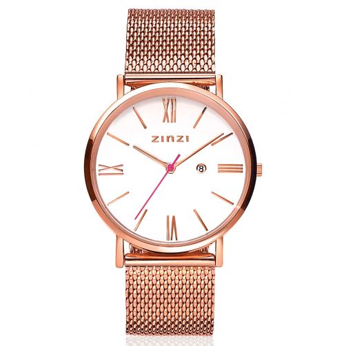 ZINZI Roman horloge witte wijzerplaat stalen kast roségoudkleurig stalen mesh band roségoudkleurig 34mm extra dun ZIW508M