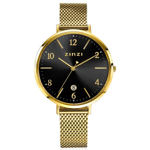 ZINZI Watch SOPHIE 38mm Black Dial with Date Gold Colored Stainless Steel Case and Mesh Strap 14mm ZIW1443