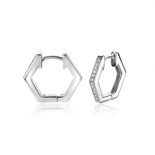 15mm ZINZI Sterling Silver Hoop Earrings Hexagon White Zirconias 15x2mm ZIO2433
