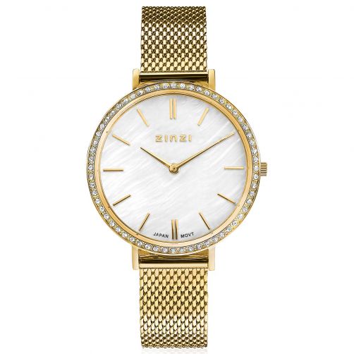 ZINZI Watch GRACE 34mm White Mother-of-Pearl Dial Set with White Crystals Gold Colored Stainless Steel Case and Strap ZIW1334