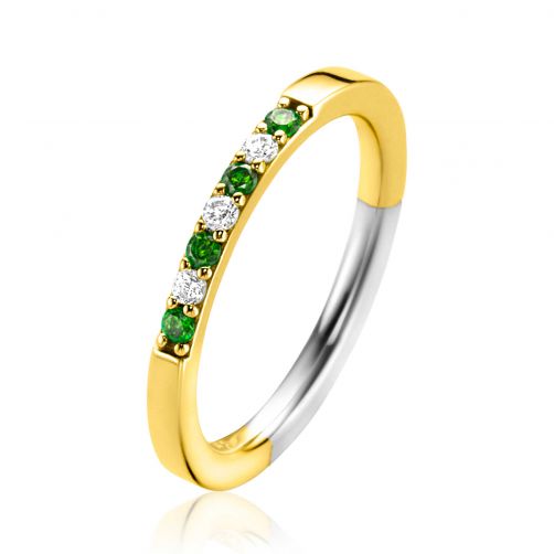 ZINZI Gold Plated Sterling Silver Stackable Ring 2mm width Green Color Stones and White Zirconias ZIR2557